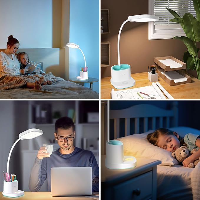 LED Desk Lamp for Home Office Bedroom, 3 Color Modes Dimmable Reading Light with USB Charging Port, Rechargeable Study Lamp for Kids Student with Pen Holder, Table Light 360°Adjustable Arm