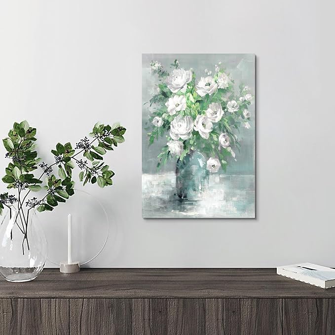Floral Canvas Wall Art Painting White Rose Flower With Green Leaves Hand-Painted Texture Picture Artwork For Bedroom Bathroom Walls(12x16)