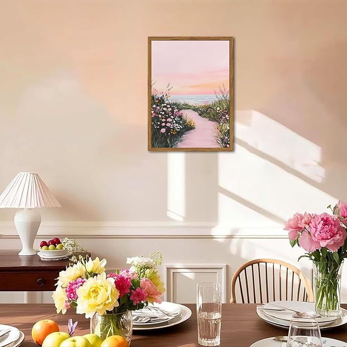 Framed Vintage Landscape Wall Art, Pink Floral Coastal Pictures Wall Decor, Rustic Wildflower Nature Paintings Canvas Prints Home Decor Aesthetic for Living Room Bedroom Bathroom 16x24 inch