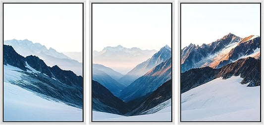 SIGNFORD Framed Wall Art Print Set Snowy Mountain Valley Majestic Winter Alpine Scene Digital Art Modern Art Contemporary for Living Room, Bedroom, Office - 16"x24"x3 White