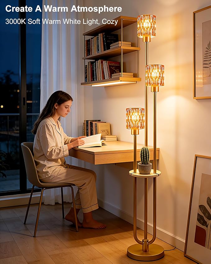 Lightdot 3-Lights Glass Floor Lamp for Living Room Modern Gold Floor Lamp with Amber Glass Shade for Wedding/Party Farmhouse Tall Standing Lamp for Bedroom/Sofa Beside/Corner Decor