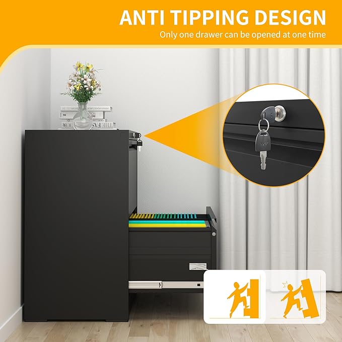File Cabinet with Lock, 2 Drawer Lateral Filing Cabinet for Home Office, Metal Heavy Duty File Cabinets for Hanging Letter/Legal/F4/A4 Size Files, Assembly Required (Black)