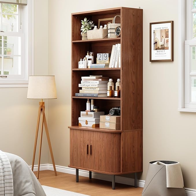 ONBRILL 71" Tall Bookshelf, 4-Tier Bookcase with Storage Cabinet & Adjustable Storage Shelf, Freestanding Wood Bookshelf with Sliding Door and Adjustable Footpad, for Home Office, Living Room, Walnut
