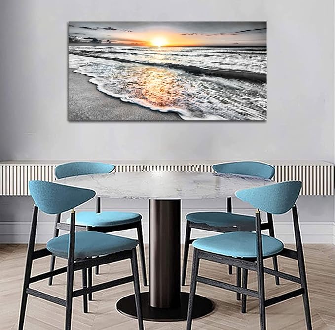 Bamdeya Canvas Wall Art Living Room Black and White Wall Decor Beach Prints Pictures for Bedroom Wall Décor Ocean Posters Room Décor Office paintings Sea Sunset Decorations Framed 20x40inches