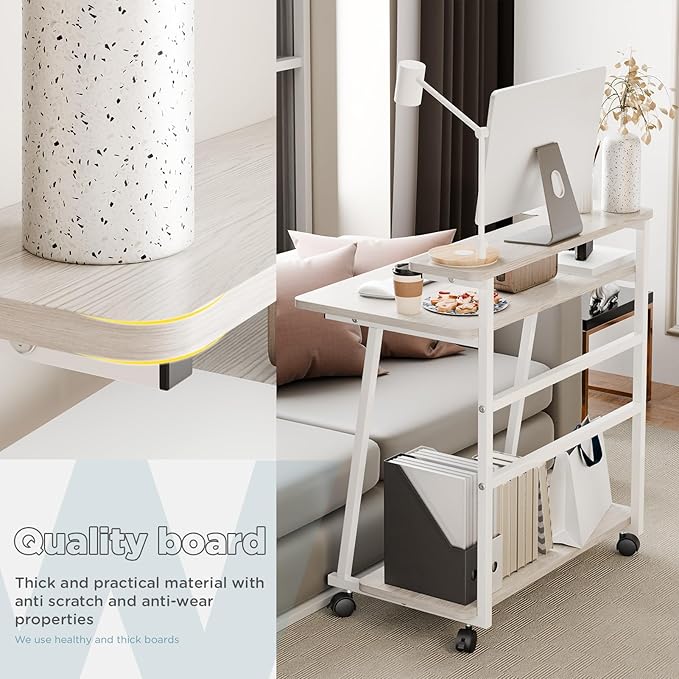 3 Tiers Rolling Computer Desk on Wheels, 80x50cm Small Computer Desk for Small Space, Work Office Desks with Monitor Stand, Student Writing Desks with Lockable Wheels (White)