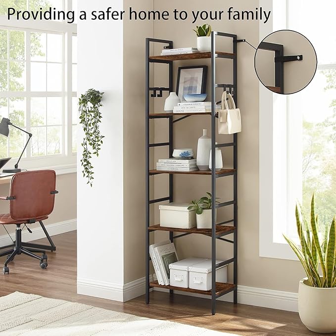 Luckyeestar 5Tier Storageshelves Bookshelf -, Metal Bookcase Shelving Unit- Modern Tall Narrow Bookshelf with 4 S-Hooks, Floor Standing Organizer for Home Office, Bedroom, Living Room Corner