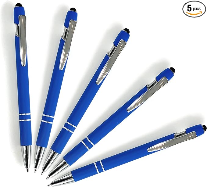 Pack of 5 Rubberized Comfort Soft Touch 2 in 1 Ballpoint Pen Capacitive Stylus Tip, Premium Metal Medium Point, Black Ink, Compatible with Most Touch Screens (Blue)