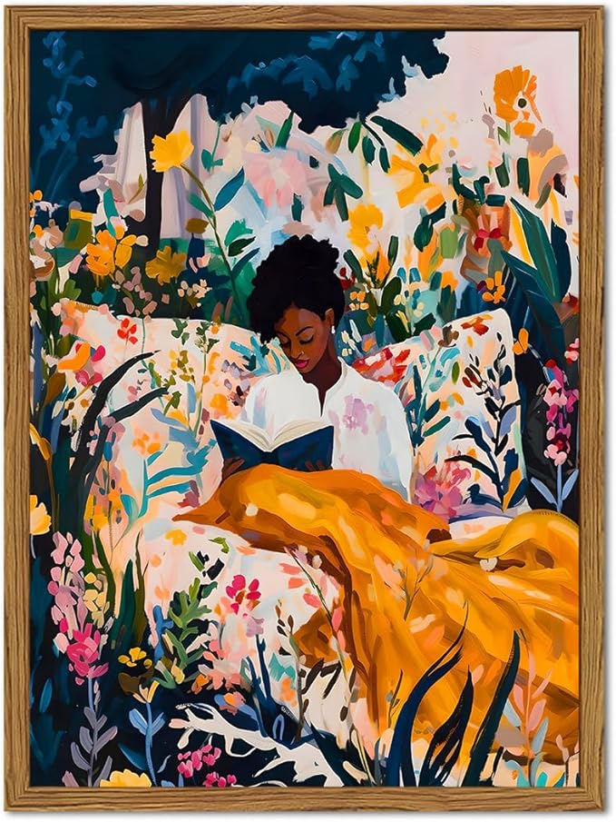 Framed Black Woman Reading Wall Art, Boho Black Girl Colorful Floral Paintings Wall Decor, African American Pictures Canvas Prints Aesthetic Home Decor for Living Room Bedroom Dorm 12x16 inch