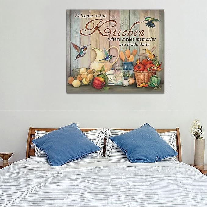 Farmhouse Kitchen Wall Art Country Hummingbird Kitchen Pictures Wall Decor Rustic Vegetables Food Canvas Painting Kitchen Signs Modern Artwork Home Kitchen Decorations Framed 24"x20"