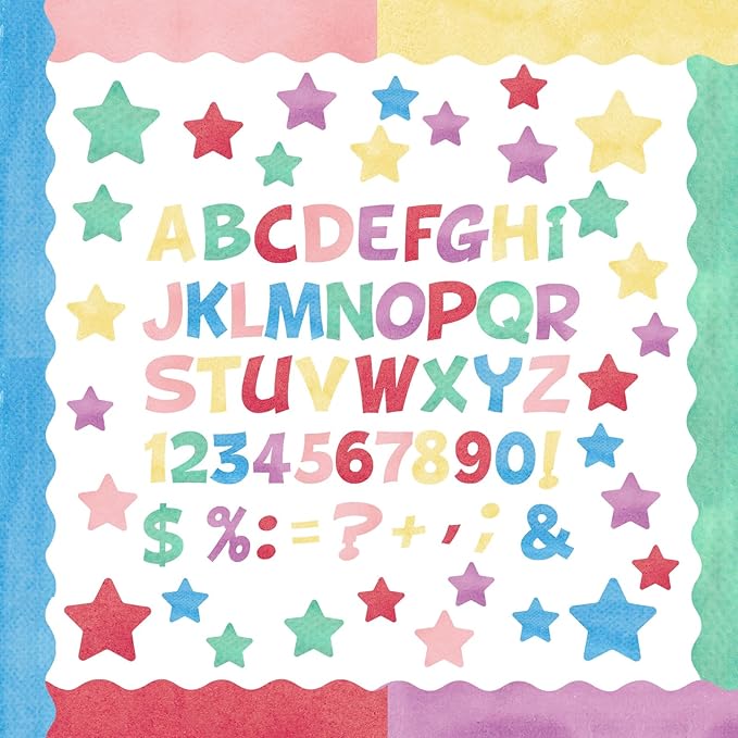 Containlol 188 Pcs Bulletin Board Borders Letters Stars Cutouts Set Include 59ft Poster Board Trims, Alphabet Letter Star Number Punctuation for Classroom(Watercolor)