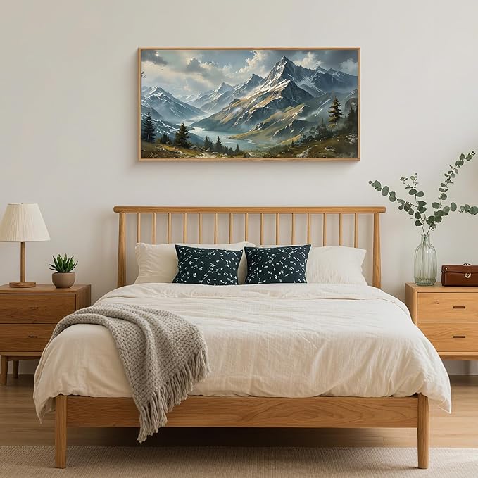 Ausril Nature Mountain Ridge Framed Canvas Wall Art Set, Woodland Landscape Wall Decor, Cloud Misty Forest Wall Painting, Boho Pine Tree River Art Print for Living Room, Bedroom, Office - 20"X40"