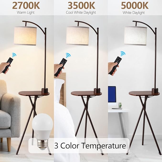 Floor Lamp with Oval Side Table, 3 Color Temperature 9W LED Bulb, Remote and Foot Switch Control, USB A and C Ports, Dual AC Outlets, 1-Hour Timer, Modern Lamp for Living, Bedroom, Brown