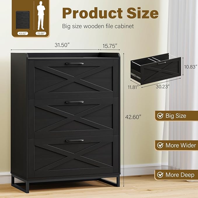 File Cabinet 3 Drawers Lateral File Cabinet with Charging Station for Letter/Legal/A4 Size Hanging Files, Large Wood File Storage Cabinets Printer Stand for Home Office, Black