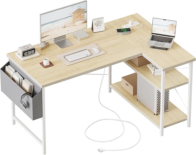 Mericonia Small L Shaped Computer Desk with Power Outlets, Reversible Gaming Desk with Storage Shelves, Corner Gamer Desk Table, Study Writing Table