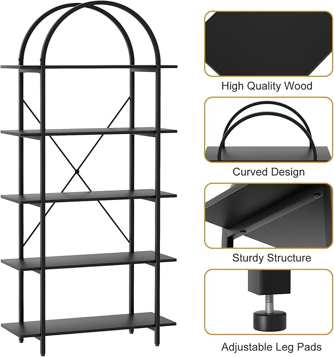 Arched Bookshelf 5 Tier Book Shelf, 31.5 Inch Width Industrial Arch Bookcase, Curved Tall Bookshelf with Open Shelves for Home Office, Living Room, Bedroom, Black