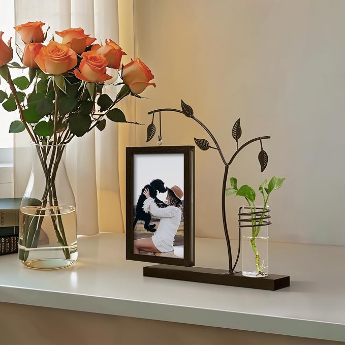 Sapowerntus 5x7 Picture Frames Black Family Desk Office Modern Photo Frame, Water Plants Flowers Floating Double Glass Vase Tabletop Standing Home Decor, Wedding Grandma Mother Mom Gift