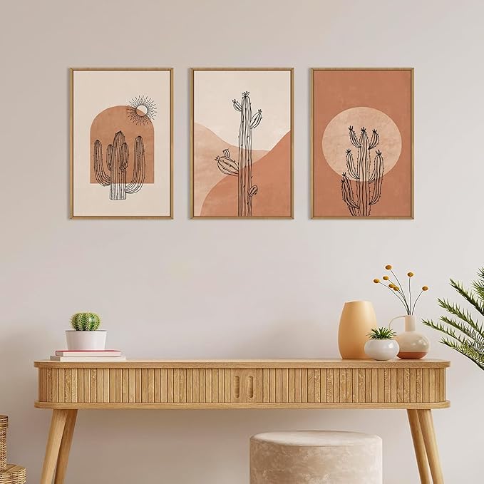 Ausril Boho Minimalist Cactus Framed Canvas Wall Art Set, Mid Century Saguaro Wall Decor, Abstract Geometric Desert Wall Painting, Beige Brown Plant Art Prints for Living Room, Bedroom, Office - 24"X36"X3