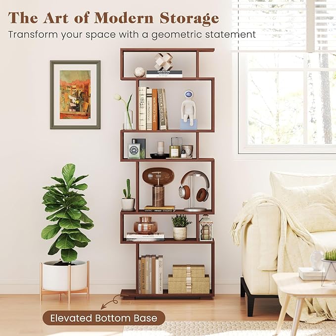 Giantex 6-Tier Geometric Bookshelf, S-Shaped Bookcase with 2 Anti-Tipping Kits, Wooden Display Shelf, Decorative Storage Shelving Unit, Home Storage Organizer for Office Living Room (1, Walnut)