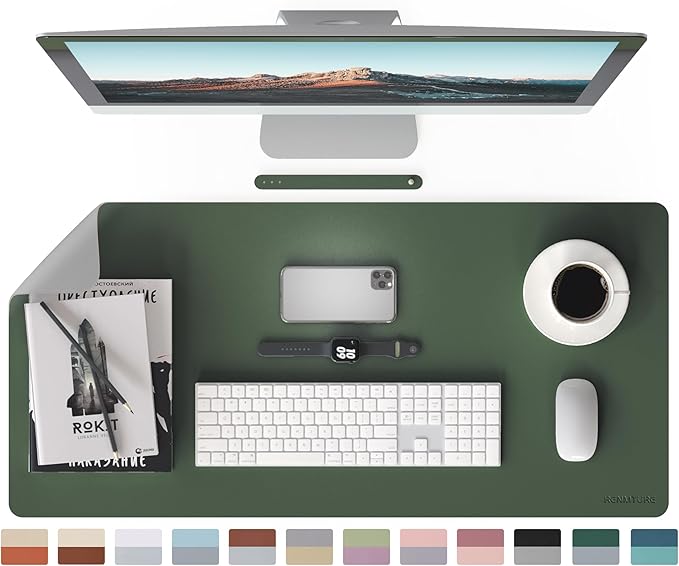 RENMTURE Double-Sided Two-Tone Faux Leather Desk mat Desktop Organization and Accessories Home and Office Large Mouse pad Game and Work (Green/Gray, 36"x17")