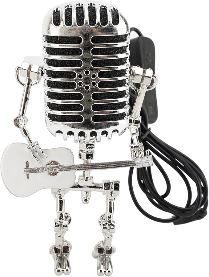 ZJchao Vintage Microphone Guitar Robot Table Lamp Aluminum Retro Metal Robot Night Light for Bedroom Desk Home Decor (White)