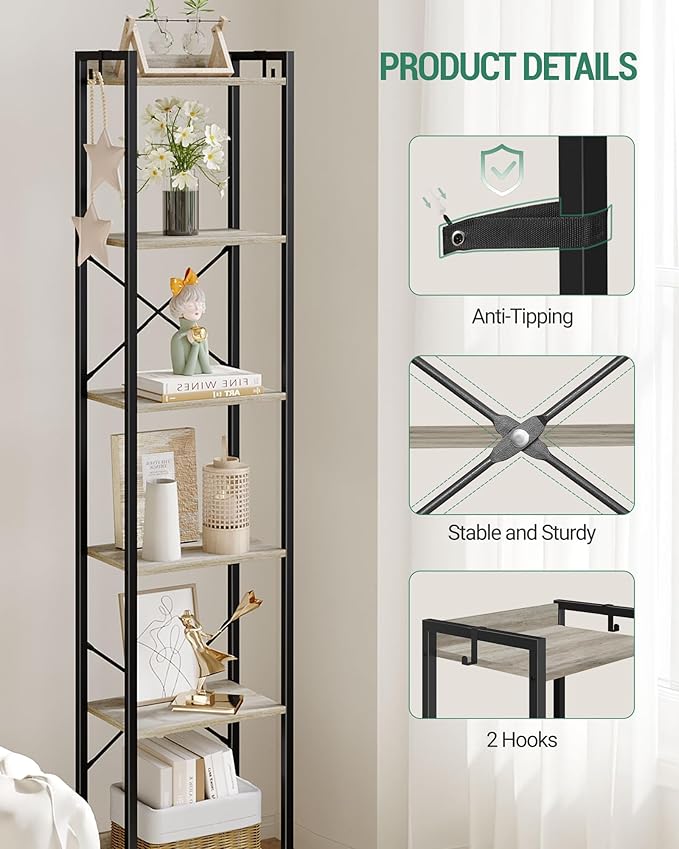 Bookshelf, Book Shelf, Industrial Bookcase with 2 Hooks, Coner Shelf Storage Organizer for Home Office, Living Room, Bedroom, Kitchen, 6-Tier Greige BC10705B