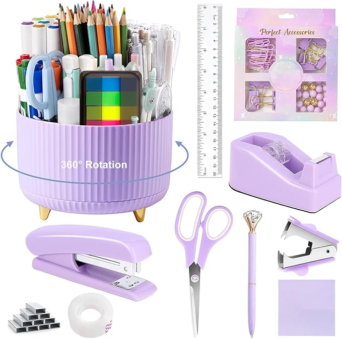 suniya Office Supplies,Desk Accessories,with Stapler,Tape Dispenser,Staple Remover,Scissor,Ballpoint Pen,Sticky Notes,Clear Tape,Staples,Desk Organizer,Ruler,Binder,Best Gift Set(Purple)