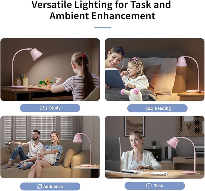 AXX TU08 Pink Cute Desk Lamp with USB Charging Port, 650 Lumens 3-Color Modes, 5-Touch Dimming, 30/60-Minute Timer, 18-Inch LED Small Table Light for Kids Teen Girls, College Dorm Room Essentials