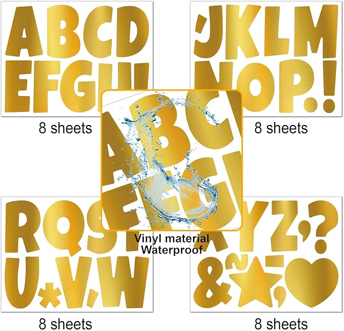 Bemeol Bulletin Board Letters 32 Sheets 4 Inch Stick on Letters Alphabet Cutout Letter for Bulletin Board Display School Classroom Home Decor(Gold)