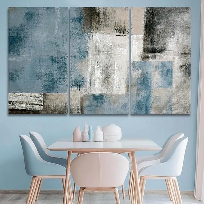 SDYA Large Blue Abstract Wall Art Set Of 3 Canvas 24x48 In,Modern Blue Grey Minimalist Painting,Contemporary Wall Decor Pictures for Living Room