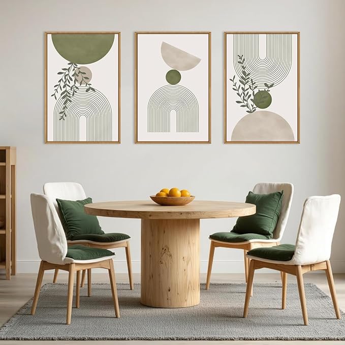 ANHUIB Boho Abstract Wall Art Canvas,Sage Green Wall Decor Framed,Geometric Line Art Prints Leaves,Minimalist Artwork Botanical,3 Piece 16x24In Beige Nature Painting for Living Room Bedroom