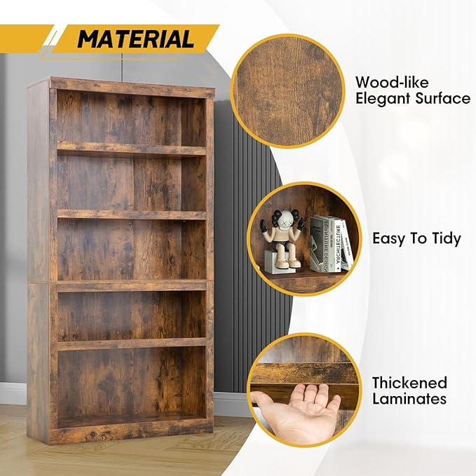 PayLessHere 5-Tier Bookcase Bookshelf Wooden Bookshelf with Thickened Laminates for Living Room, Bedroom, Office Open Storage Shelf Study Bookshelves Book Case