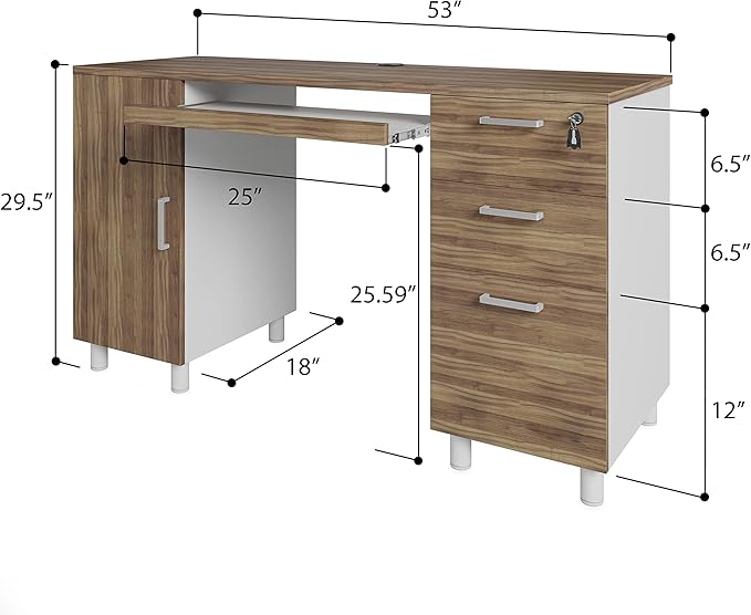 Modern Design Venice Computer Office Desk with 3 Locking Drawers and Storage Cabinet, 53 Inch Home and Office Executive Walnut and White Desk with Keyboard Tray by Crafts and Comfort