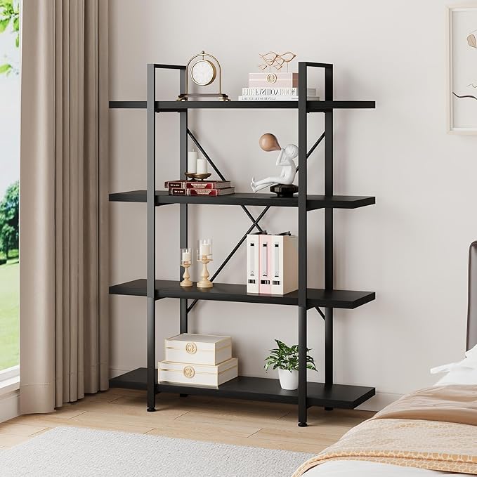 HSH 4 Tier Black Bookshelf, Industrial Metal Wood Storage Book Shelves, Modern Open 4 Shelf Bookcase and Display Etagere, Vertical Book Shelf for Bedroom Living Room Office