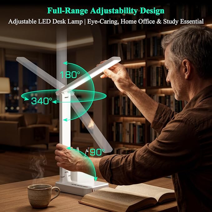 COZOO LED Desk Lamp with 2 USB Charging Ports,Type C Port,1 AC Outlet,2 Pen Holders,3 Color Temperature 3 Brightness Level,Touch/Memory/Timer,10W Eye Protection Foldable Reading Light,Study Lamp-White