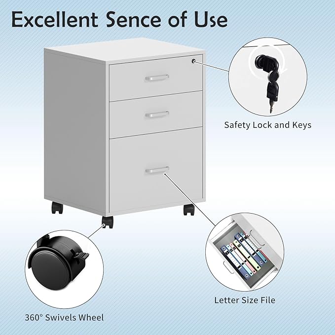 Need 3 Drawer Wood Mobile File Cabinet with Lock,Rolling Filing Cabinet for Letter/A4 Size for Home Office,White,10CZLXFC04WT-ND-XIN