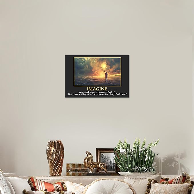 UZMKM - Inspirational Wall Art, Black Background Motivational Mindset Imagine Picture, Quote Saying Canvas Print for Home Office Decor, Company Poster Framed Artwork for Office Wall Decor 12x18 Inch