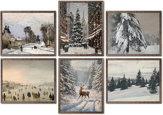 Hwetui Vintage Christmas Canvas Wall Art Poster Set of 6, Winter Tree Reindeer Pictures Wall Decor, Forest Snowy Landscape Paintings Prints Artwork for Home Living Room Bedroom 12×16 inch Unframed