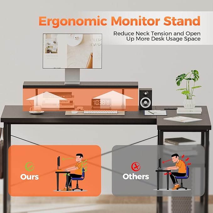 Mericonia Small L Shaped Computer Desk with Power Outlets, Reversible Gaming Desk with Storage Shelves & Monitor Stand, Corner Gamer Desk Table, Study Writing Table