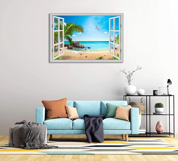 Large Beach Pictures Wall Art Canvas Print Artwork Blue Ocean Palm Tree Seascape Decor Living Room Bedroom Office with Framed 32 x48