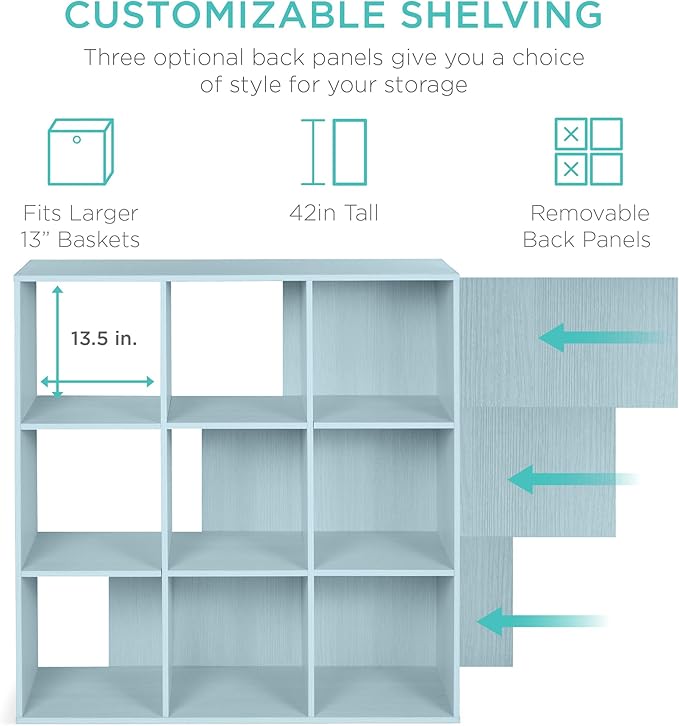 Best Choice Products Kids Bookcase 9-Cube Storage Organizer, 13.5in Shelf Opening, Bookshelf, Toy Storage, Customizable w/ 3 Removable Back Panels – Light Blue