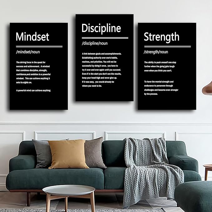 Strength Discipline Mindset Motivational 3 Piece Canvas Wall Art Posters Inspirational Entrepreneur Quote Positive Artwork for Living Room Office Wall Decoration Stretched and Framed [72''Wx 36''H]