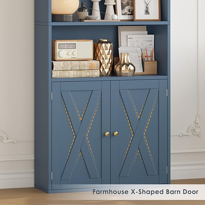 FACBOTALL 82" Tall Bookcase and Book Shelf, 24" Wide Bookshelf with Doors, 7 Tier Bookcase with Storage and Adjustable Shelf, Open and Display Farmhouse Bookshelf for Living Room, Home Office, Blue
