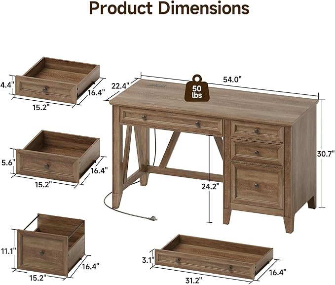 ONBRILL 54 Inch Farmhouse Executive Desk, Computer Desk with Storage Drawers & File Drawer, Modern Home Office Desk with Charging Station for Working, Studying, Writing, Brown (Brown)