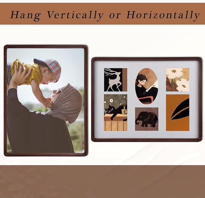 12x16 Collage Picture Frame Walnut Wood, Multiple 6 Photos or 12x16 without Mat, Rustic Photo Frame with Tempered Glass Hanging Displaying Horizontally or Vertically