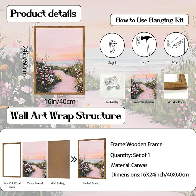 Framed Vintage Landscape Wall Art, Pink Floral Coastal Pictures Wall Decor, Rustic Wildflower Nature Paintings Canvas Prints Home Decor Aesthetic for Living Room Bedroom Bathroom 16x24 inch