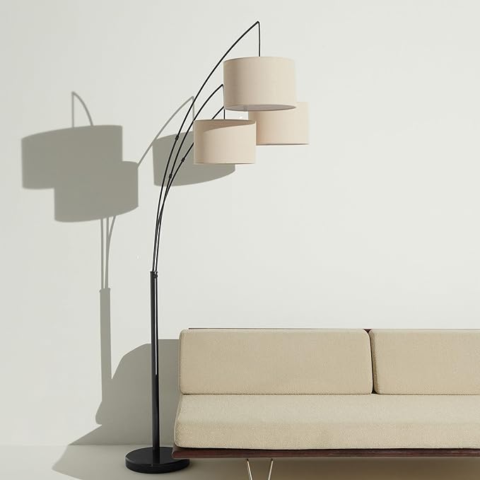 Brightech Trilage Arc Floor Lamp - Large Standing Lamp with 3 Fabric Shades & LED Bulbs for Living Room Over the Sofa, Reading, Multi-Head Traditional Tree Floor Lamp for Bedroom - Black