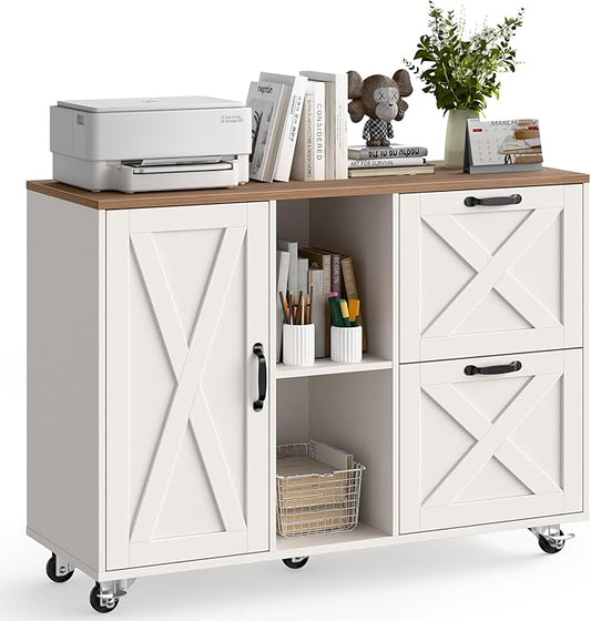 Lateral File Cabinet with 2 Drawers and Door, Mobile Farmhouse File Cabinet for Letter/A4 Size Hanging Files, Large Wood File Storage Cabinets Printer Stand for Home Office, White