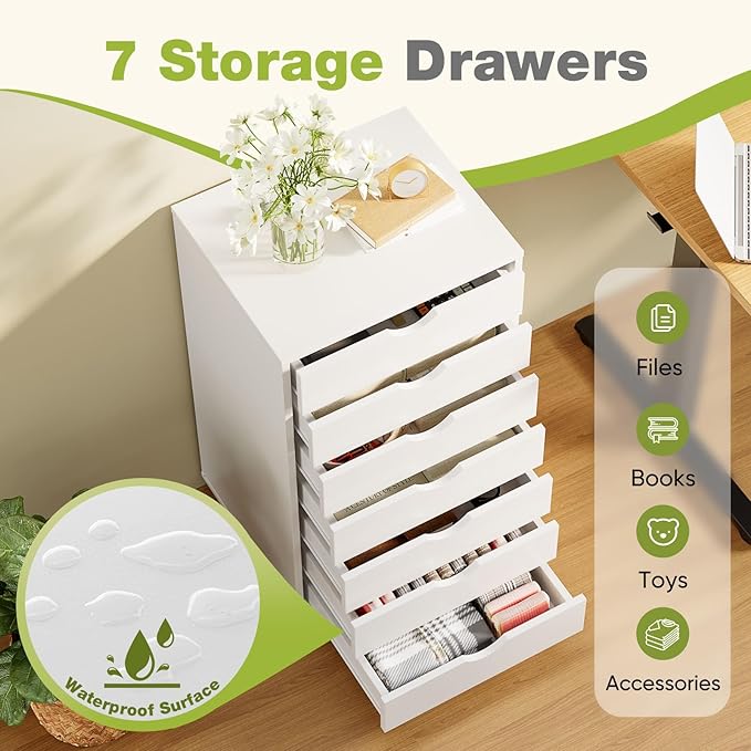 NEWBULIG 7 Drawers File Cabinet Under Desk Storage with Wheels Small Rolling Office Filing Cabinets Chest of Dawers for Home Office White