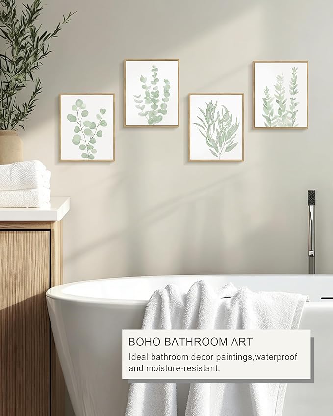 Drsoum Framed Botanical Plant Canvas Wood Wall Art Light Green Sage Wall Decor Eucalyptus Leaf Picture for Bedroom Living Room Bathroom Office 8”x 10” x 4pcs