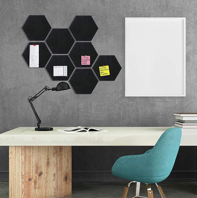 Felt Hexagon Bulletin Board with 20 Push Pins, Pack of 8 Notice Boards for Home Office Kitchen, Push Pin Board Felt Wall Tiles for Photos Memos